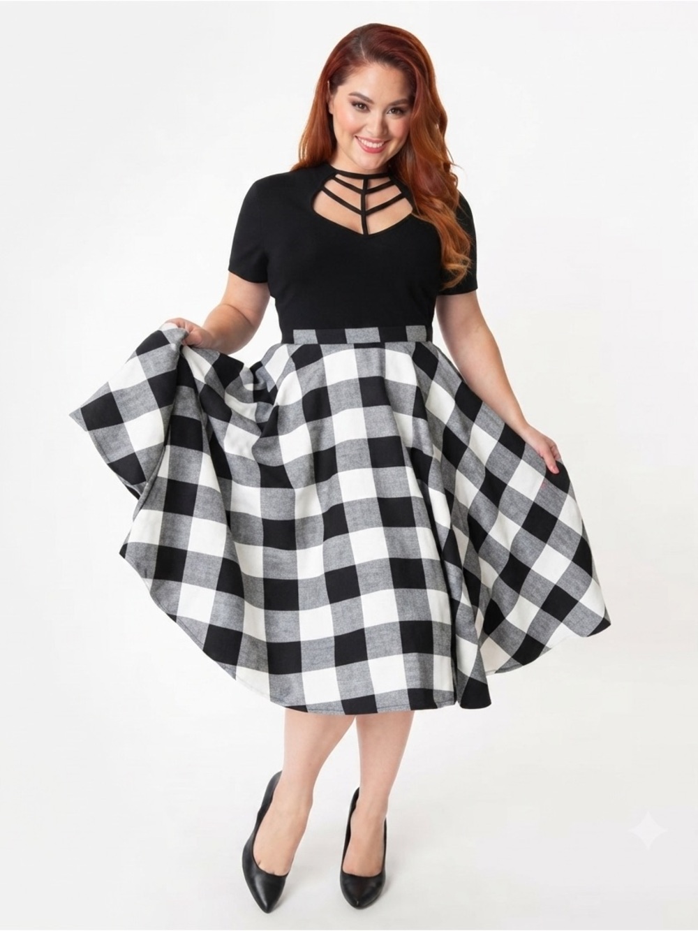 Plus Size 1950s Black White Gingham Swing Midi Skirt Pockets Buffalo Check Plaid